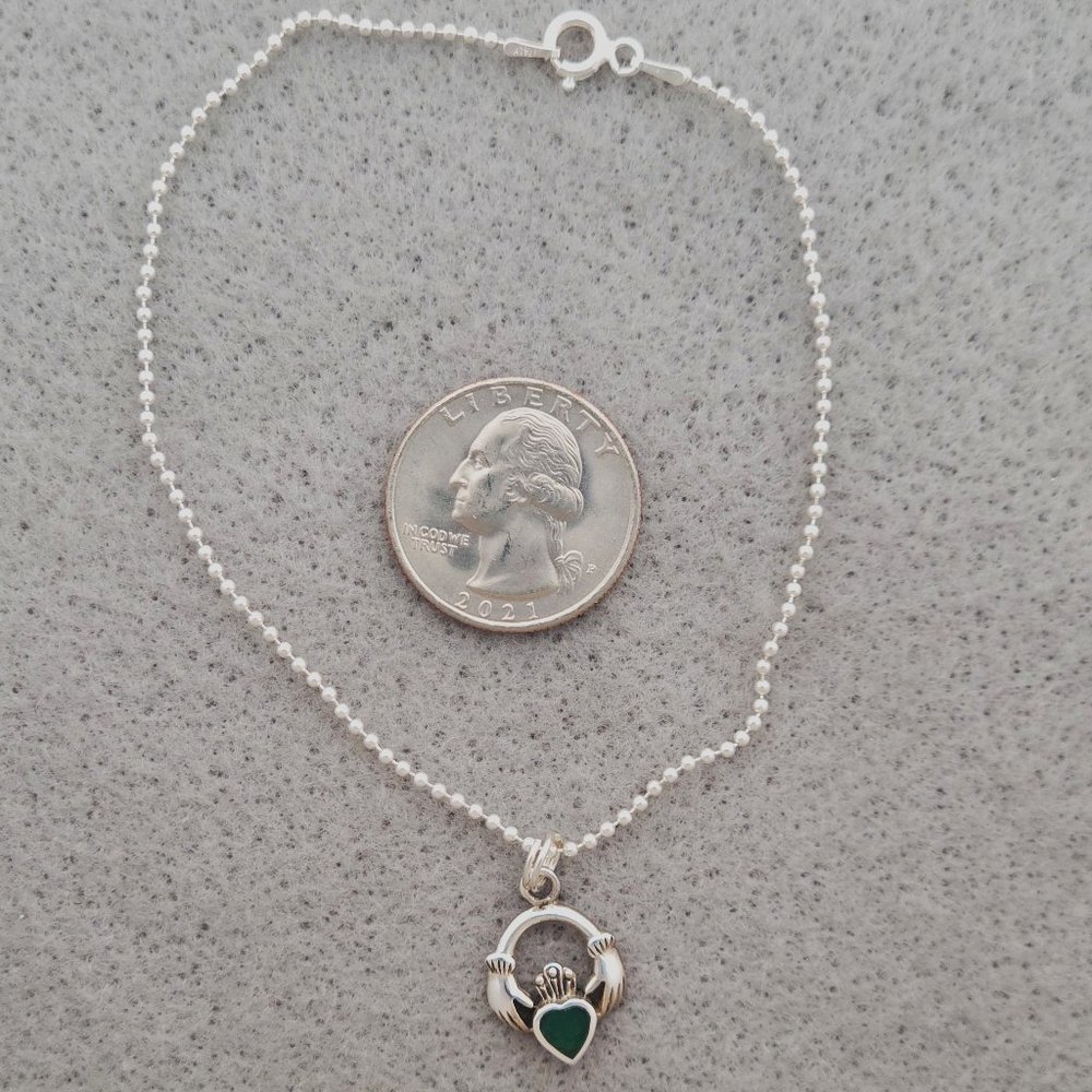 Anklet 925 Sterling Silver Chain and Claddagh Charm with Green Jade